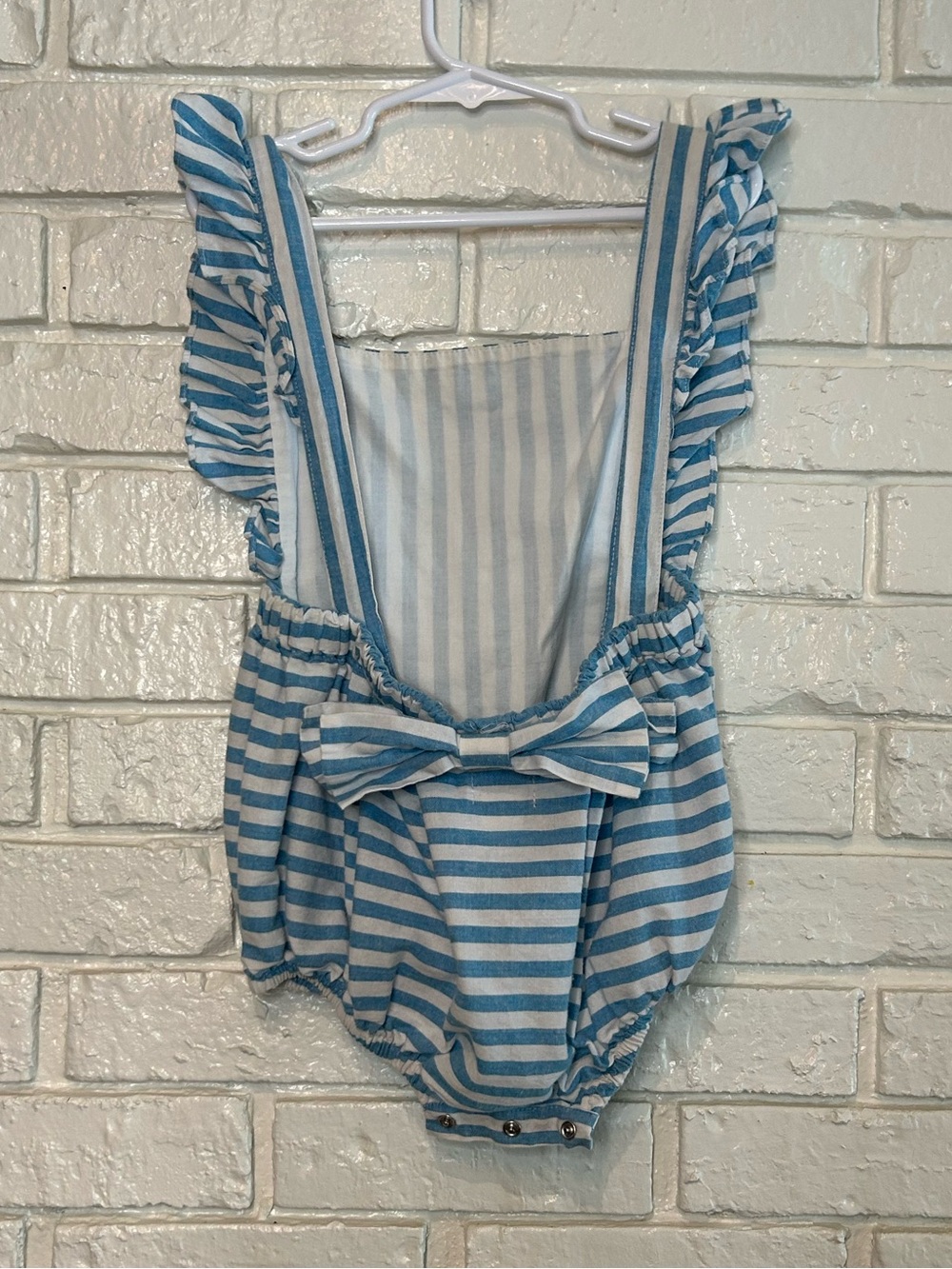 Lil Cactus Blue & White Striped Romper with Ruffle Straps and Bow Back 2Y